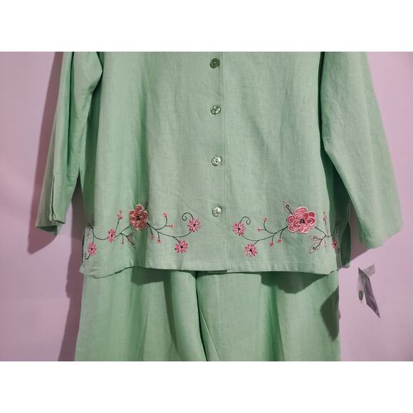 Vtg Sag Harbor Embroidered Flower Linen Blend Top Pant Set Plus Size 18 Green - Picture 3 of 13